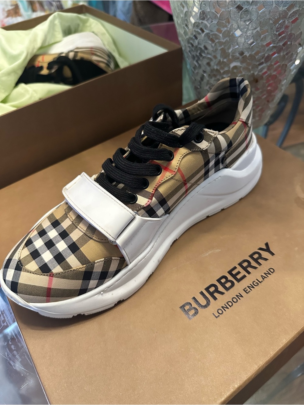 Burberry Beige Vintage Check Low-Top Sneaker with White Sole